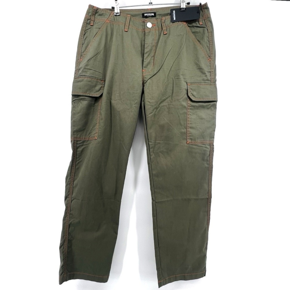 True Religion Cargo Pants Men's 34 Green Kalamata Orange Stitching NWT $159 NEW